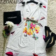 【美品】LEONARD ノースリーブワンピース 膝丈 ホワイト フレア 36