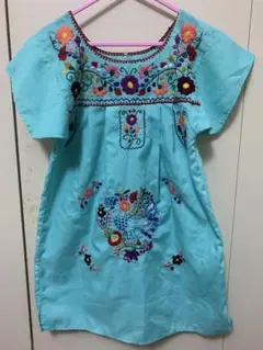 メキシカンワンピース 水色 刺繍 半袖 キッズ古着　リメンバーミー ディズニー