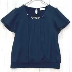 ロディスポット　フリルスリーブ　ビジューカットソー　ネイビー M