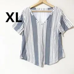 美品⭐️ストライプ Vネック 半袖Tシャツ　XL
