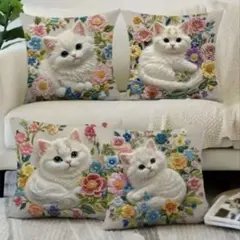 新品　白い猫クッションカバー4点セット　かわいい