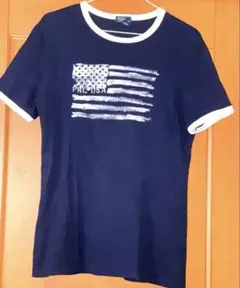 ラルフローレンロゴ星条旗国旗ネイビーホワイトTシャツ160L14-16大人S美品