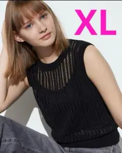 UNIQLO メッシュクルーネックショートセーター　ノースリーブ　ブラック　XL