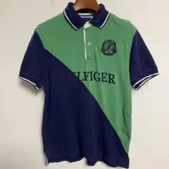 TOMMY HILFIGER トミーヒルフィガー 刺繍ロゴ ポロシャツ 緑/紺M