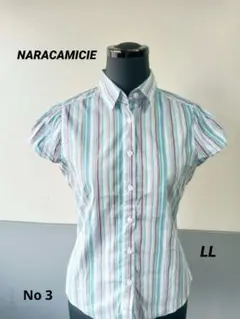 NARACAMICIE ブラウス　半袖　LL　ブルー系　ストライプ柄　美品
