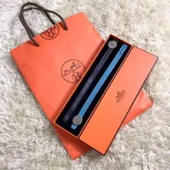 美品 HERMES バングルレザーベルト ライトブルー ブラック 箱ショッパー