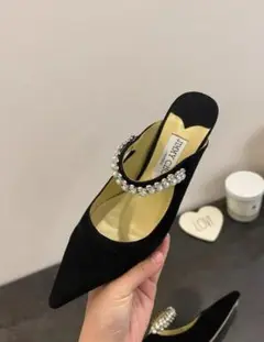 ジミーチュウ ブラックレザー ハイヒール ビジューストラップ