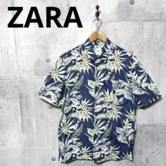 ZARA ザラ メンズ コットンアロハシャツ S ネイビー