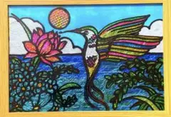 ハチドリ開運絵画富士山ステンドグラスハンドメイドアート龍神金運犬猫風景画壁掛け
