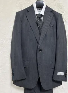 【新品】 春夏物 日本製生地 メンズ スーツ A5 M 濃グレー×白 ストライプ