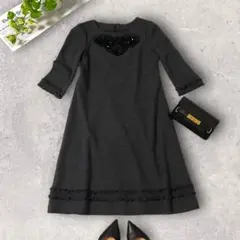 【美品】ハロッズ【2】ビジュー ワンピース ウール100% エレガント 日本製