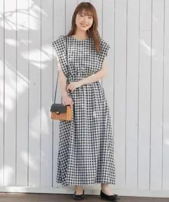 美品✨　ギンガムチェック❤️　麻　高機能リネン　リネン混ギャザーワンピース