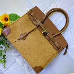 FRANCE　DE　MODE　オーストリッチ型押しハンドバッグ　南京錠　キャメル