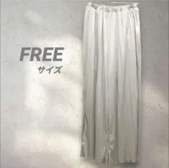 レディースワイドパンツ　ロング　ベージュ　プリーツ　フリー　光沢感