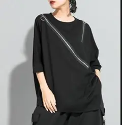 アシンメトリー変形Tシャツファスナートップスブラック大きいサイズモード黒個性韓国