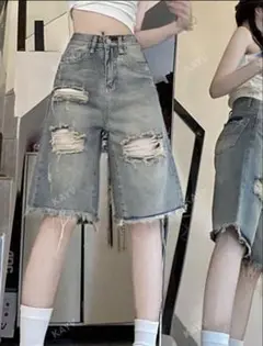 SHEIN ライトブルー ダメージデニムハーフパンツ M