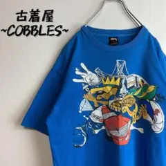 【アメコミデザイン◎】stussyビッグプリントTシャツ古着ブルー青ストリート