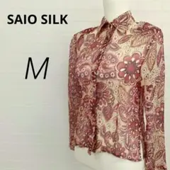H8050【サイオーシルク】シルク シアーシャツ M フラワープリント 茶系