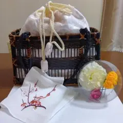美品新品竹製かごバッグと花・ハンカチセット/浴衣、花火、祭り