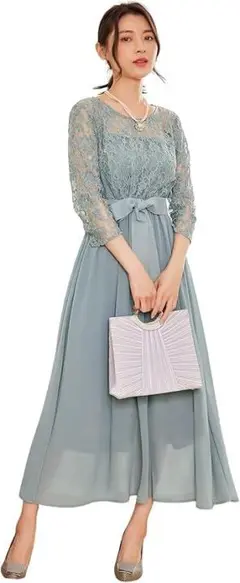 DRESS+　パーティードレス 七分袖 フレアワンピース（Lサイズ）