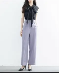 【タグ付き　セゾンドパピヨン】ラベンダー スカラップウエストワイドパンツ M