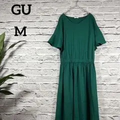 GU フリル袖 ロングフレアワンピース グリーン Mウエストゴム
