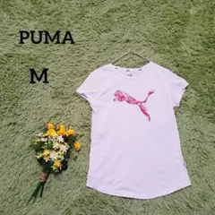 【プーマ】ロゴTシャツ　M　ホワイト×ピンク　薄手　スポーツ　運動　エクササイズ