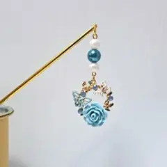 かんざし ～水色の薔薇と蝶々～ ハンドメイド