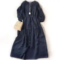 美品 23区×LIBECO リネン ギャザーワンピース 麻100% 紺 羽織り