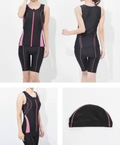 【新品未使用品】スポーツ用水着セット ブラック ピンク 帽子 パット付き M