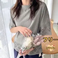 レディースtシャツ　トップス　ブラウス　レース切り替え　体型カバーグレーフリー