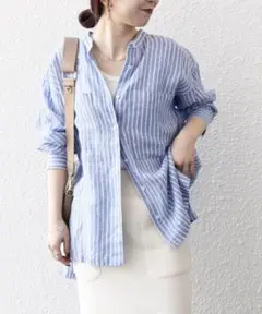 美品✨24年発売　SHIPSany リネン 　ストライプ　バンドカラー　シャツ