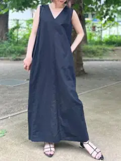 Rouge vif la cle Vネックリネンロングワンピース