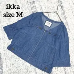 【イッカ】ノーカラージャケット デニム風 2way 青 M 大人カジュアル 七分