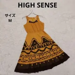 HIGH SENSE マスタードカラーロングワンピース M フレア エスニック柄