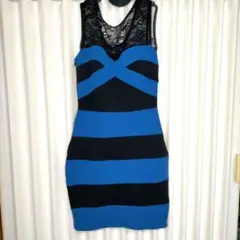 青と黒のストライプ ノースリーブワンピース