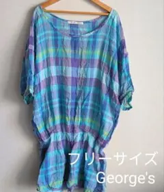George's 綿100% チュニック 半袖 フリーサイズ 青系チェック