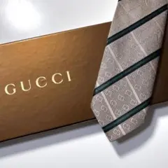 美品 GUCCI グッチ ネクタイ シルク ベージュ グリーン ストライプ