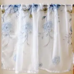 幅94×丈55 カフェカーテン 花柄 ブルー ラメ 1枚 小窓 透け感 出窓