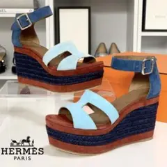 エルメス スエード H ウェッジサンダル エスパドリーユ マルチカラー