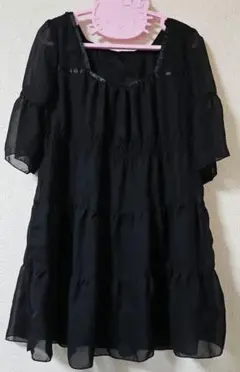 ブラック シフォンティアード ミニワンピース チュニック 半袖 M