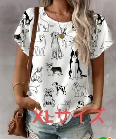 犬柄プリント 半袖Tシャツ XLサイズ トップス 犬柄トップス ゆったりサイズ