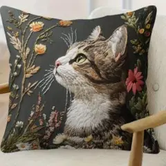 猫の横顔の刺繍柄クッションカバー　45×45