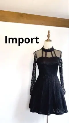 【極美品】Import ブラックレース長袖ワンピース922