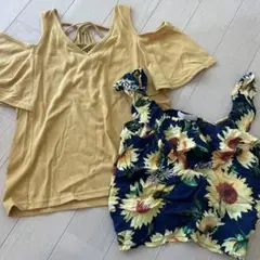 イエローオフショルダーTシャツとひまわり柄トップスセット