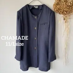 【CHAMADE】 11♪ ノーカラー ジャケット 婦人服 肩パッド付 ネイビー