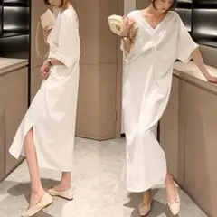 シルエットな美しい真っ白なロングワンピース 夏から秋にお出かけやデートに