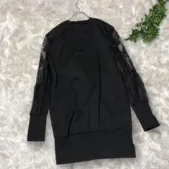 1430【ロングシャツ】レース 透け袖 ブラック 大きいサイズ カジュアル 黒