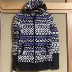 手編みエスニック柄編み込みジップパーカー パープル系