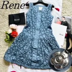 【良品】Rene 刺繍ワンピース フロントジップ カメリアチャーム フレア 34